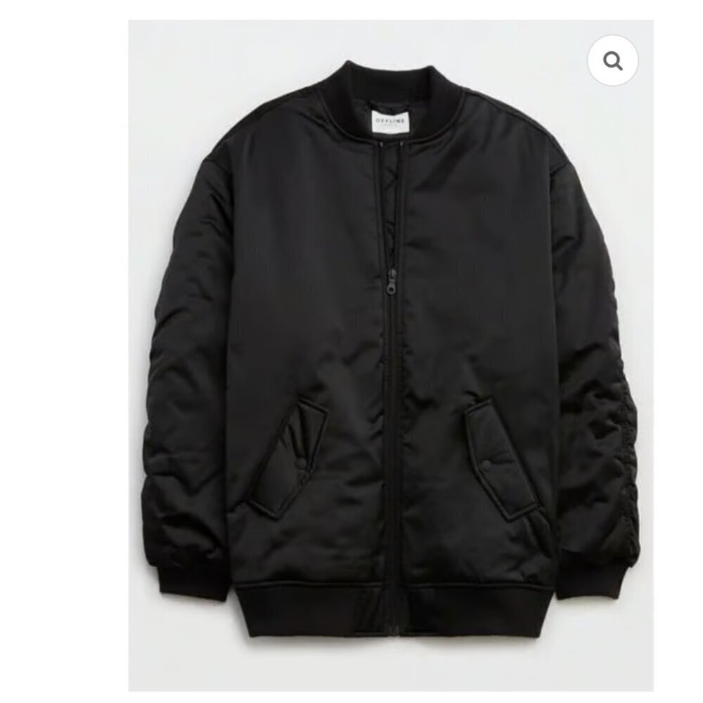 OFFLINE By Aerie Black Satin Bomber Jacket Coat size L / XL